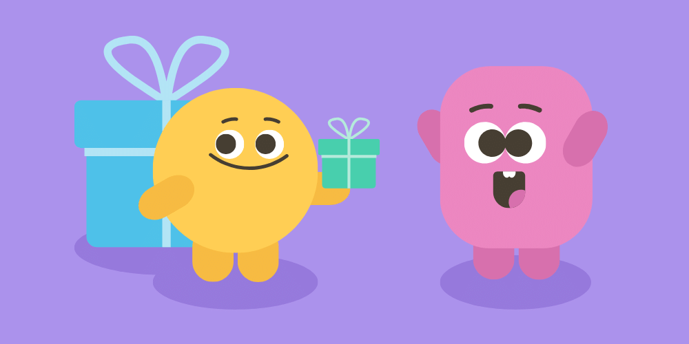 Rupert, a yellow character, holds a gift for a pink character while hiding a bigger gift behind himself.